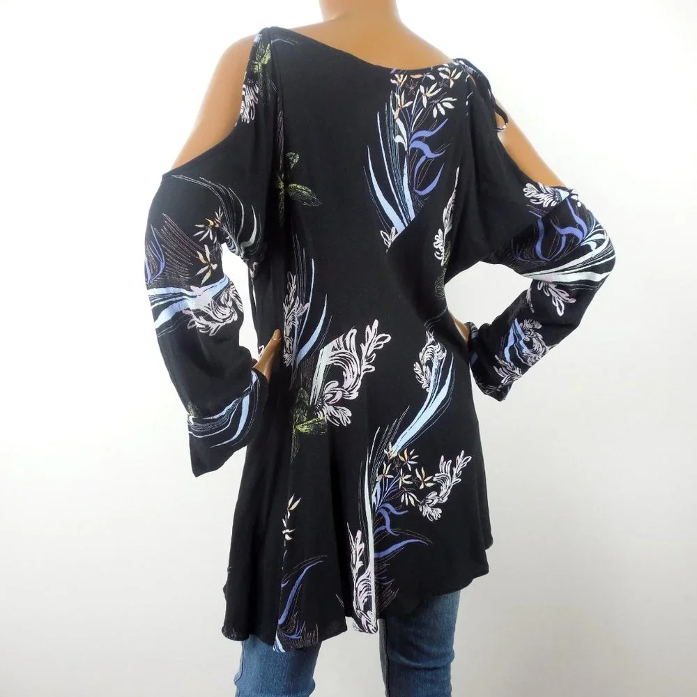 FREE PEOPLE Top M Black Floral Tunic Shirt Tie Cold Shoulder Long Sleeves Casual - Picture 8 of 13